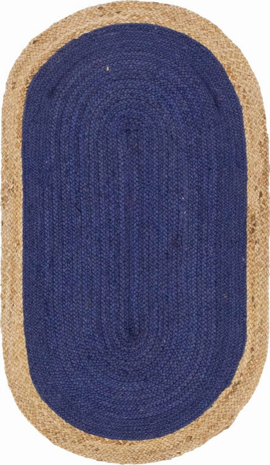 Unique Loom Braided Jute Collection Classic Quality Made Hand Woven with Solid Color Detail, Area Rug (3' 3 x 5' 0 Oval, Navy Blue/ Natural)