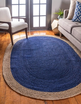 Unique Loom Braided Jute Collection Classic Quality Made Hand Woven with Solid Color Detail, Area Rug (3' 3 x 5' 0 Oval, Navy Blue/ Natural)