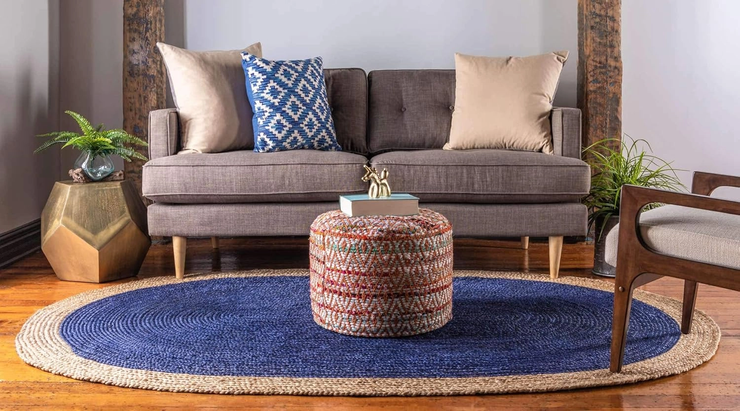 Unique Loom Braided Jute Collection Classic Quality Made Hand Woven with Solid Color Detail, Area Rug (3' 3 x 5' 0 Oval, Navy Blue/ Natural)