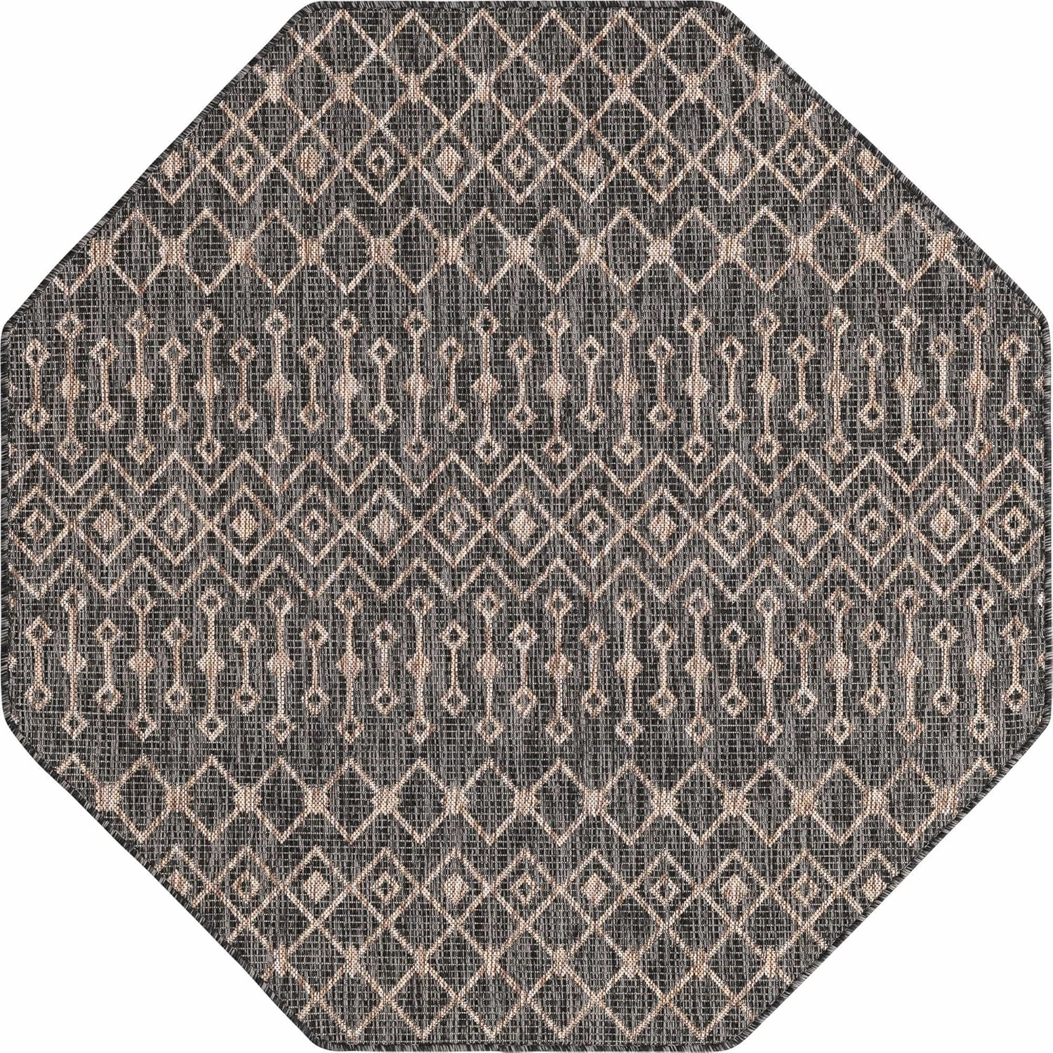Unique Loom Outdoor Trellis Collection Area Rug - Tribal Trellis (5' 3" Octagon, Charcoal Gray/ Natural)