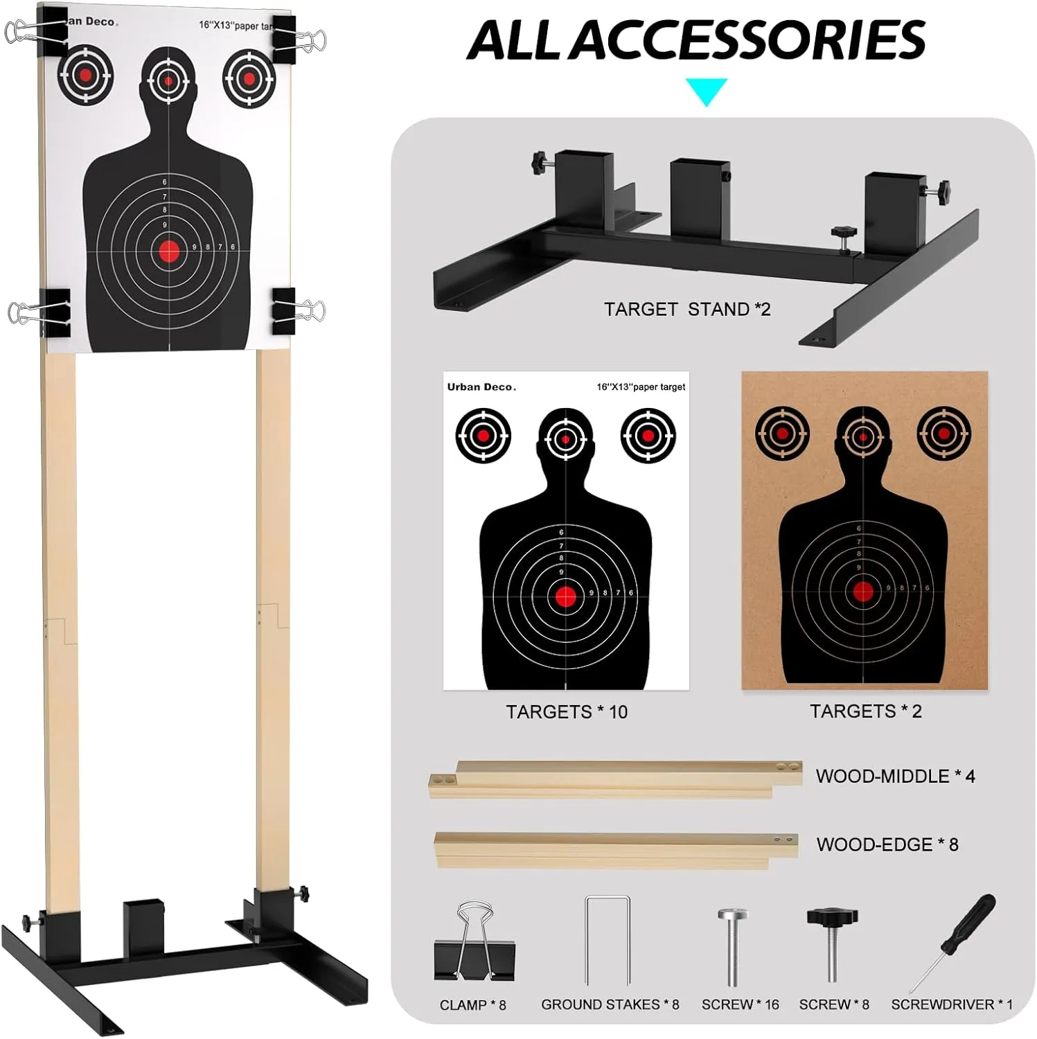 Urban Deco Shooting Target Stand Base with Wooden Board- for Paper Target Sheet Archery Cardboard Targets, Target Holder with Adjustable Base - H Shape - USPSA/IPSC - IDPA Practice