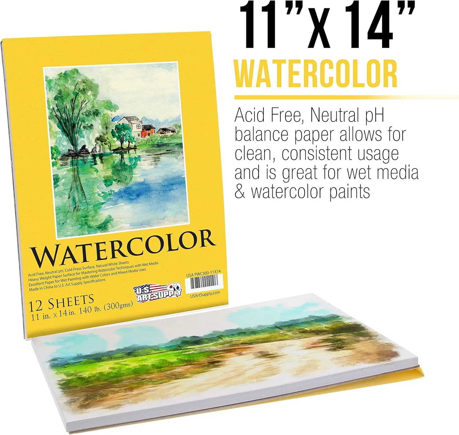 U.S. Art Supply 11" x 14" Premium Heavyweight Watercolor Paper Pad, Pack of 2 (12 Sheets Each), 140lb (300gsm) - Spiral Bound, Cold Pressed, Acid-Free, Wet, Water Color Paper - for Artists, Students