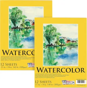 U.S. Art Supply 11" x 14" Premium Heavyweight Watercolor Paper Pad, Pack of 2 (12 Sheets Each), 140lb (300gsm) - Spiral Bound, Cold Pressed, Acid-Free, Wet, Water Color Paper - for Artists, Students