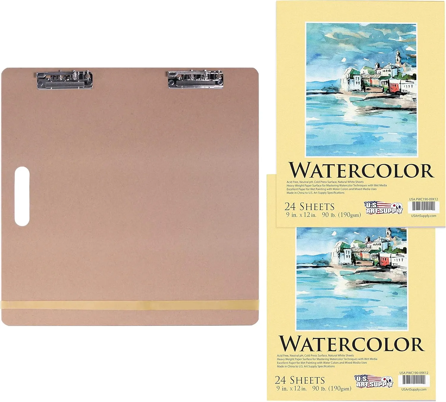 US Art Supply 18" x 18" Artist Sketch Tote Board Bundled with 9" x 12" Premium Extra Heavy-Weight Watercolor Painting Paper Pad, 90 Pound (190gsm), Pad of 24-Sheets (Pack of 2 Pads)