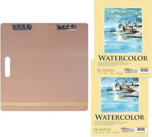 US Art Supply 18" x 18" Artist Sketch Tote Board Bundled with 9" x 12" Premium Extra Heavy-Weight Watercolor Painting Paper Pad, 90 Pound (190gsm), Pad of 24-Sheets (Pack of 2 Pads)