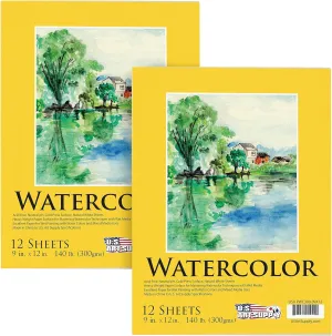 U.S. Art Supply 9" x 12" Premium Heavyweight Watercolor Paper Pad, Pack of 2 (12 Sheets Each), 140lb (300gsm) - Spiral Bound, Cold Pressed, Acid-Free, Wet, Water Color Paper - for Artists, Students