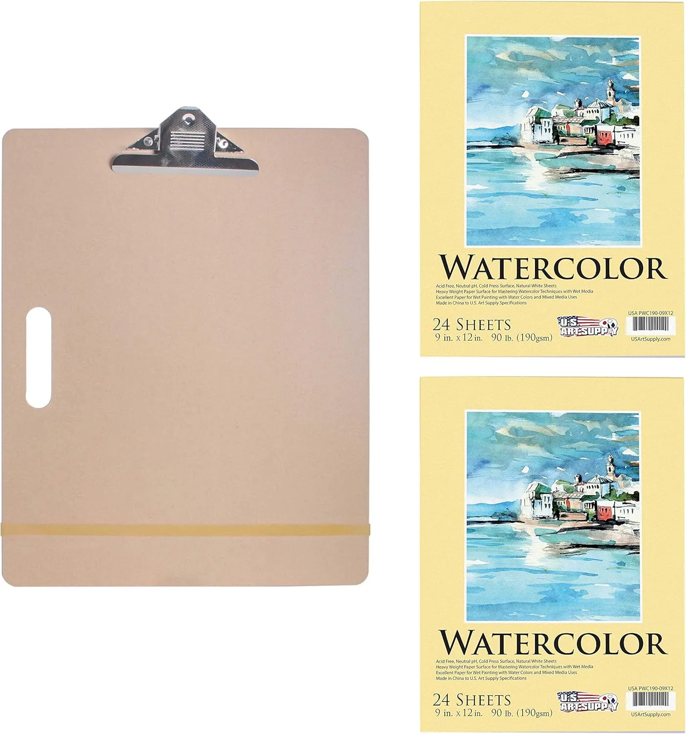US Art Supply Artist Sketch Tote Board (11"x17") Bundled with 9" x 12" Premium Extra Heavy-Weight Watercolor Painting Paper Pad, 90 Pound (190gsm), Pad of 24-Sheets (Pack of 2 Pads)