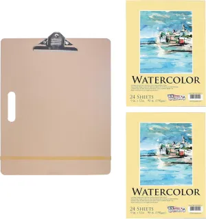 US Art Supply Artist Sketch Tote Board (11"x17") Bundled with 9" x 12" Premium Extra Heavy-Weight Watercolor Painting Paper Pad, 90 Pound (190gsm), Pad of 24-Sheets (Pack of 2 Pads)