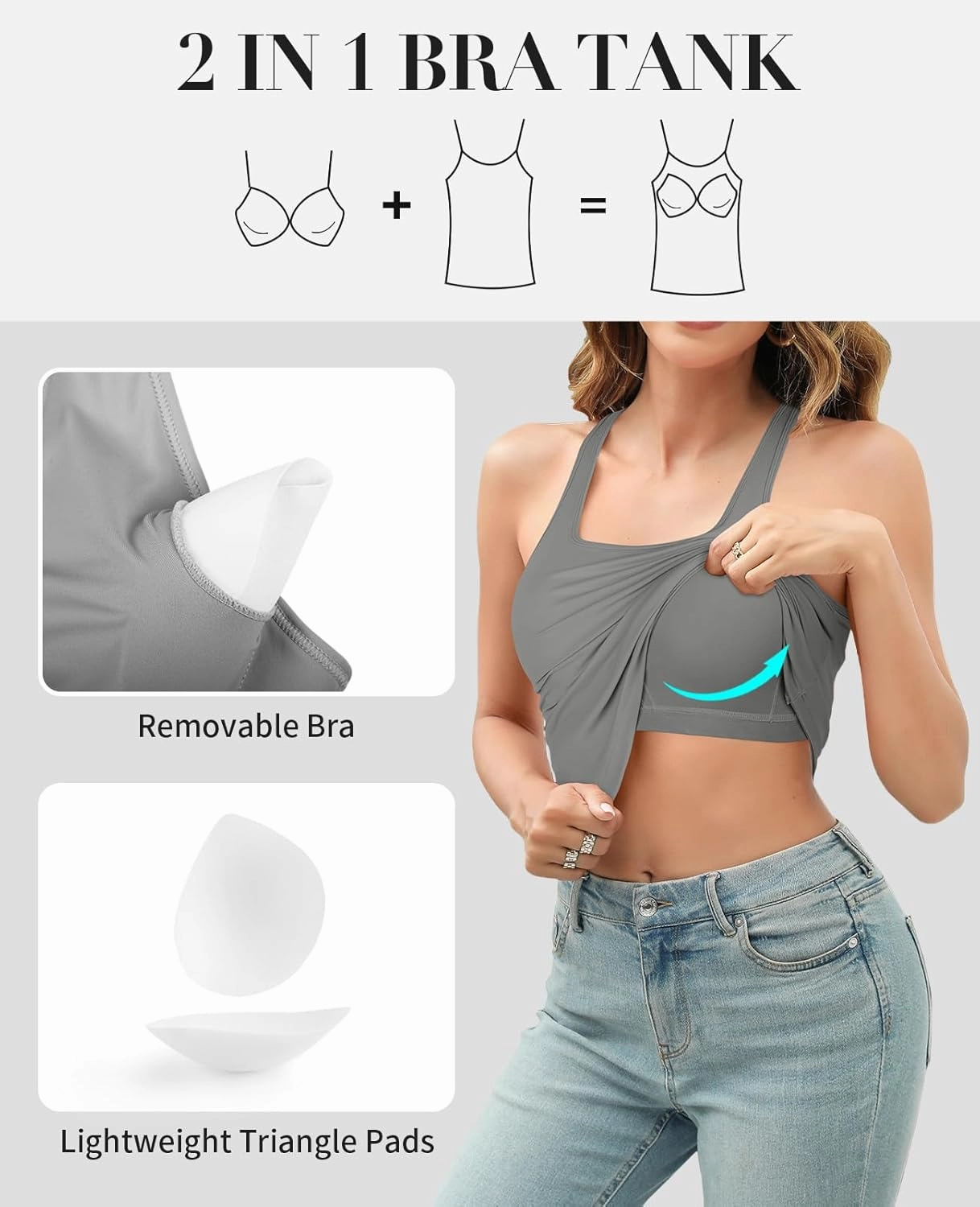 V FOR CITY Women's Tank Top with Built in Bras Adjustable Wide Strap Padded Camisole Summer Cami Shirts