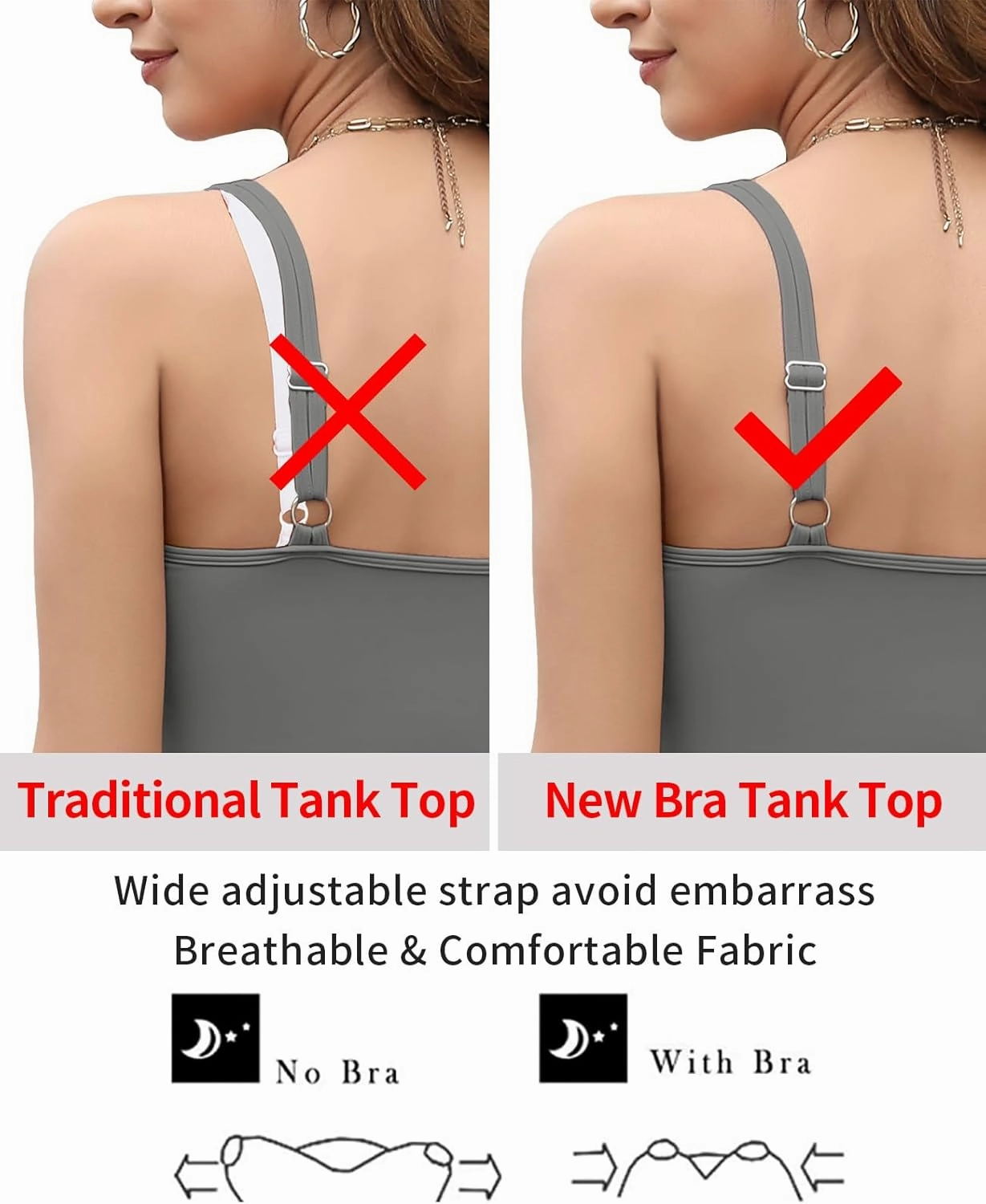 V FOR CITY Women's Tank Top with Built in Bras Adjustable Wide Strap Padded Camisole Summer Cami Shirts