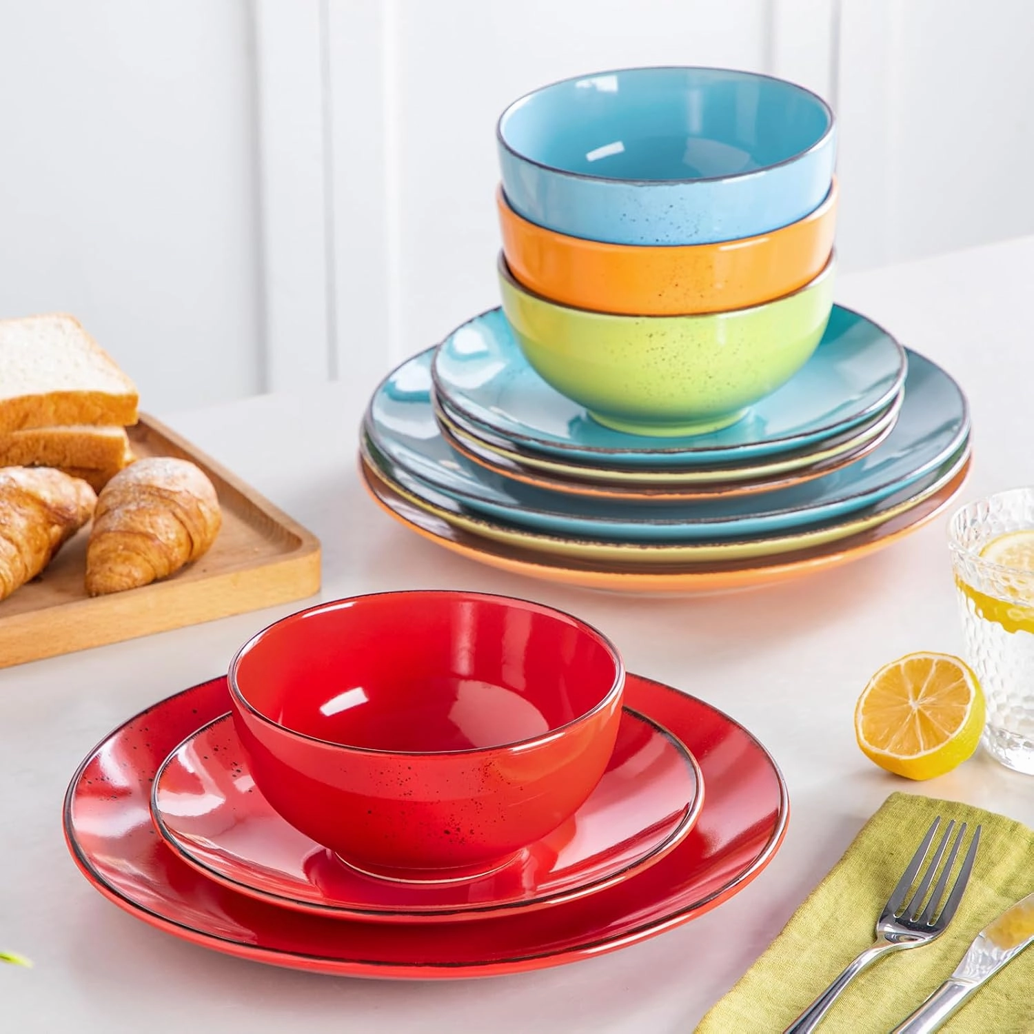 vancasso Navia Dinnerware Sets, Stoneware Plates and Bowls Sets, Dinner Salad Dessert Plates and Cereal Bowls Set, Dishes Set for 4, Spray Spot Patterned, Multi-Color