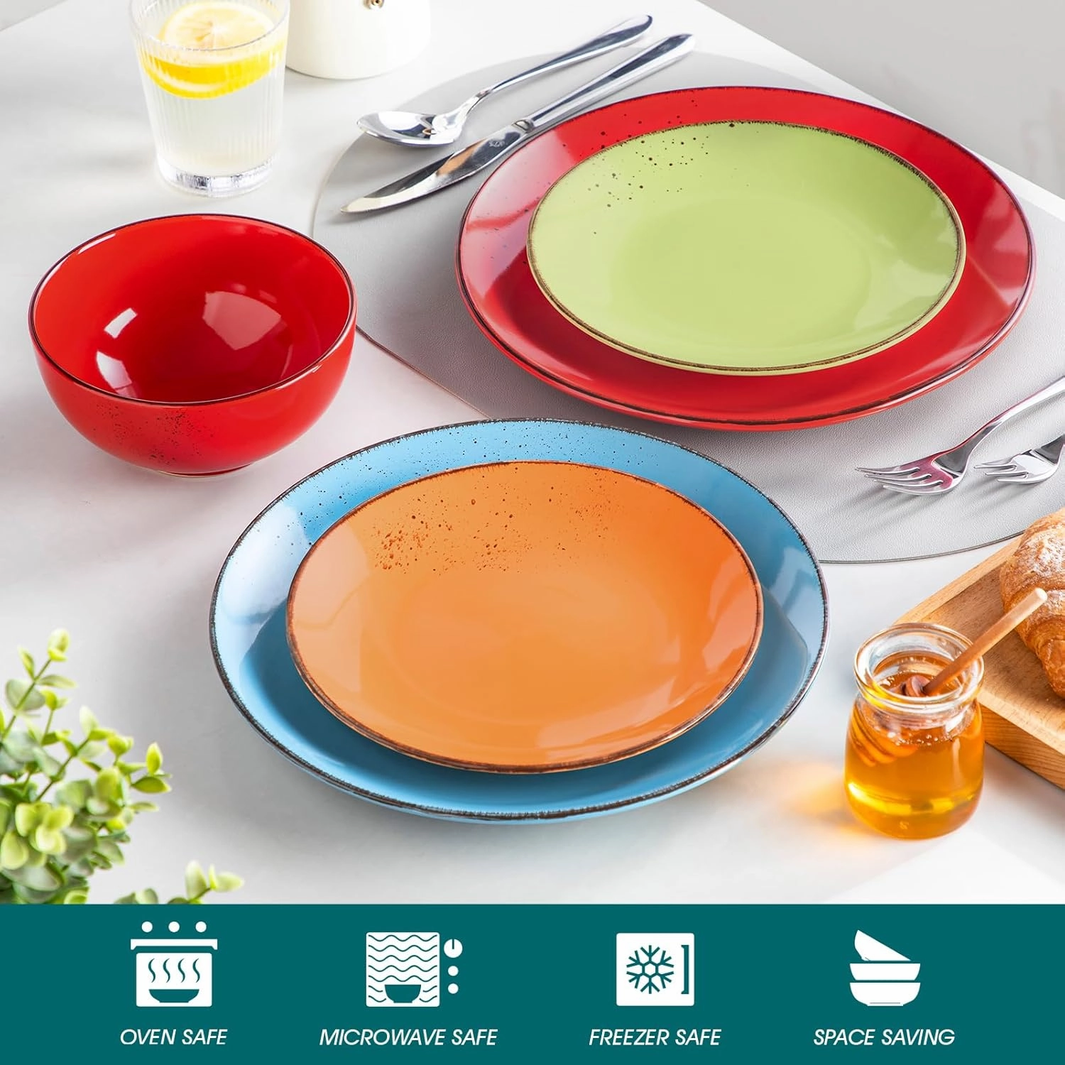 vancasso Navia Dinnerware Sets, Stoneware Plates and Bowls Sets, Dinner Salad Dessert Plates and Cereal Bowls Set, Dishes Set for 4, Spray Spot Patterned, Multi-Color