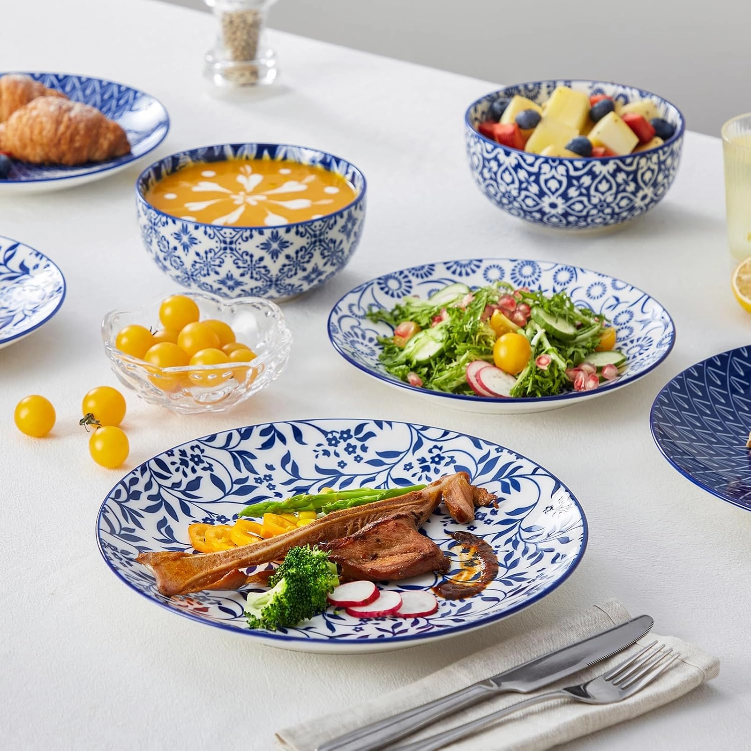 vancasso SELENE Plates and Bowls Set for 4, 12 Pieces Dinnerware Sets, Mircowave and Dishwasher Safe Dishes Set, Porcelain Blue Dinnerware