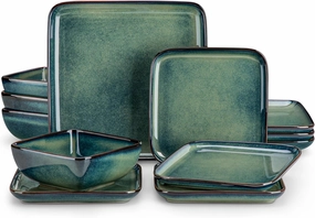 vancasso Stern Green Dinner Set Square Reactive Glaze Tableware 12 Pieces Kitchen Dinnerware Stoneware Crockery Set with Dinner Plate, Dessert Plate, Bowl Service for 4