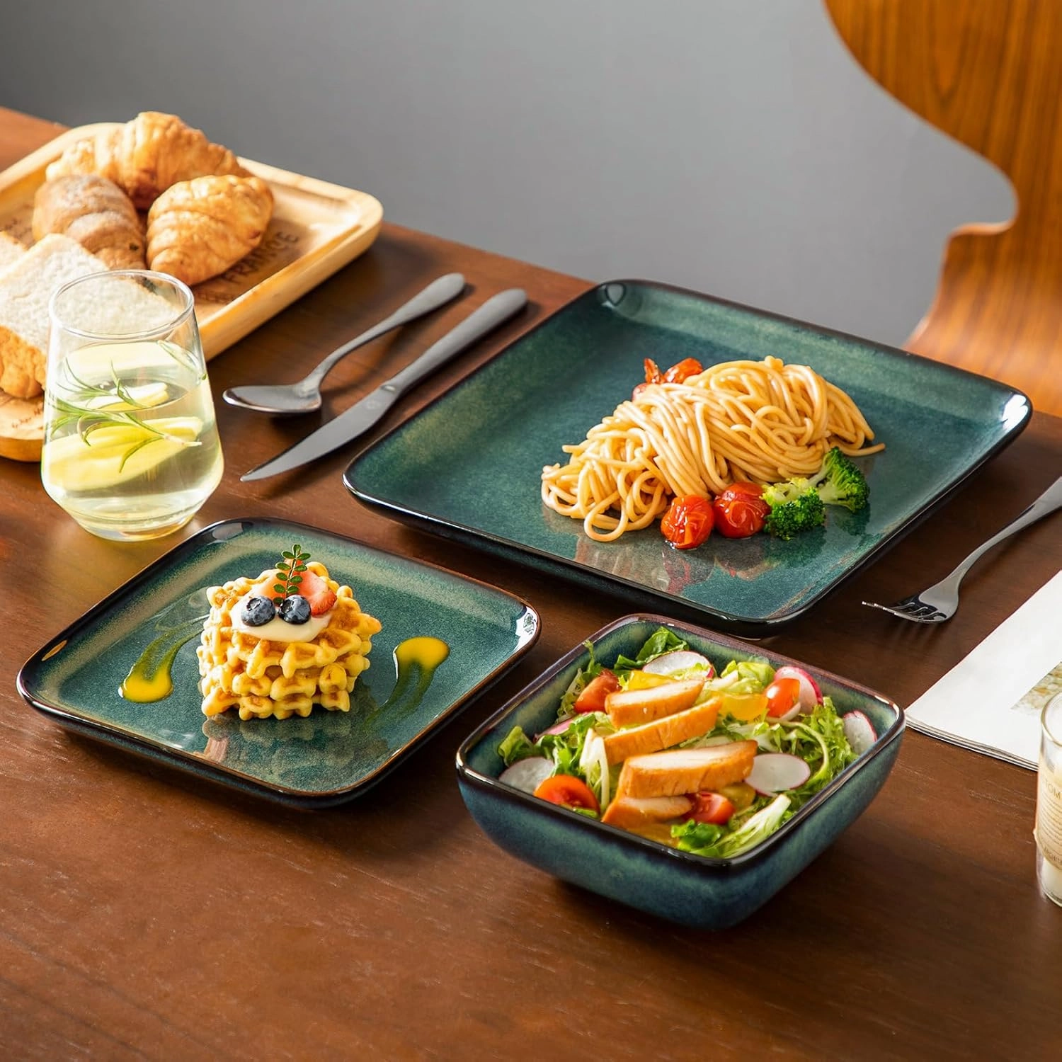 vancasso Stern Green Dinner Set Square Reactive Glaze Tableware 12 Pieces Kitchen Dinnerware Stoneware Crockery Set with Dinner Plate, Dessert Plate, Bowl Service for 4