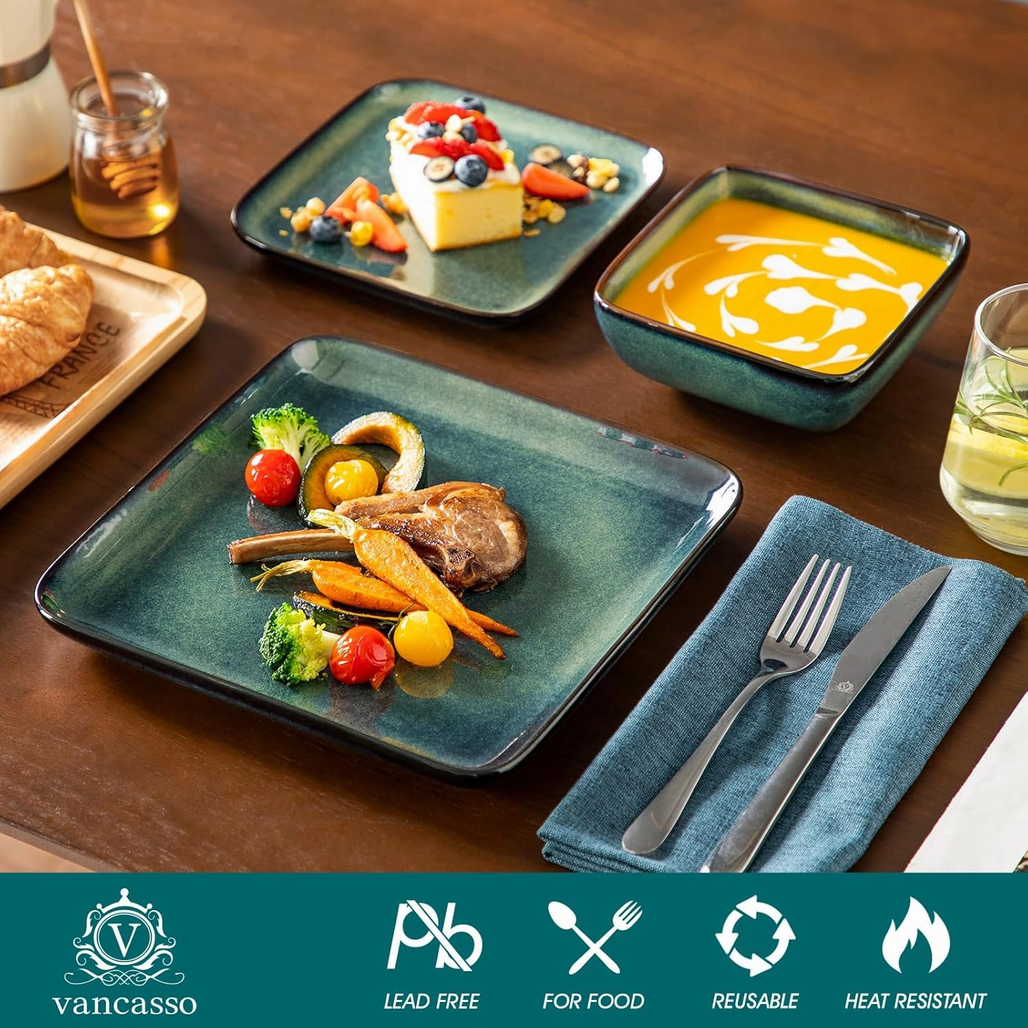 vancasso Stern Green Dinner Set Square Reactive Glaze Tableware 12 Pieces Kitchen Dinnerware Stoneware Crockery Set with Dinner Plate, Dessert Plate, Bowl Service for 4