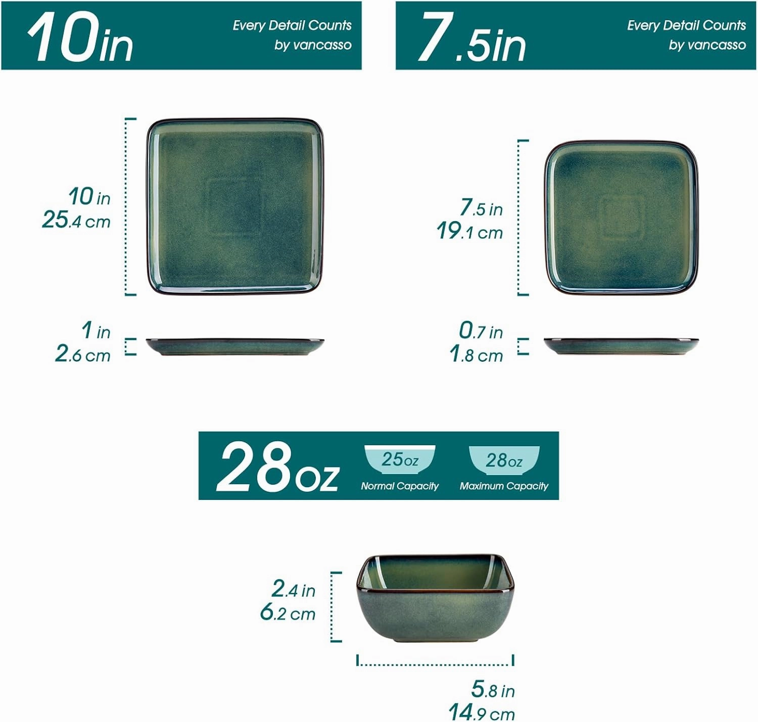 vancasso Stern Green Dinner Set Square Reactive Glaze Tableware 12 Pieces Kitchen Dinnerware Stoneware Crockery Set with Dinner Plate, Dessert Plate, Bowl Service for 4