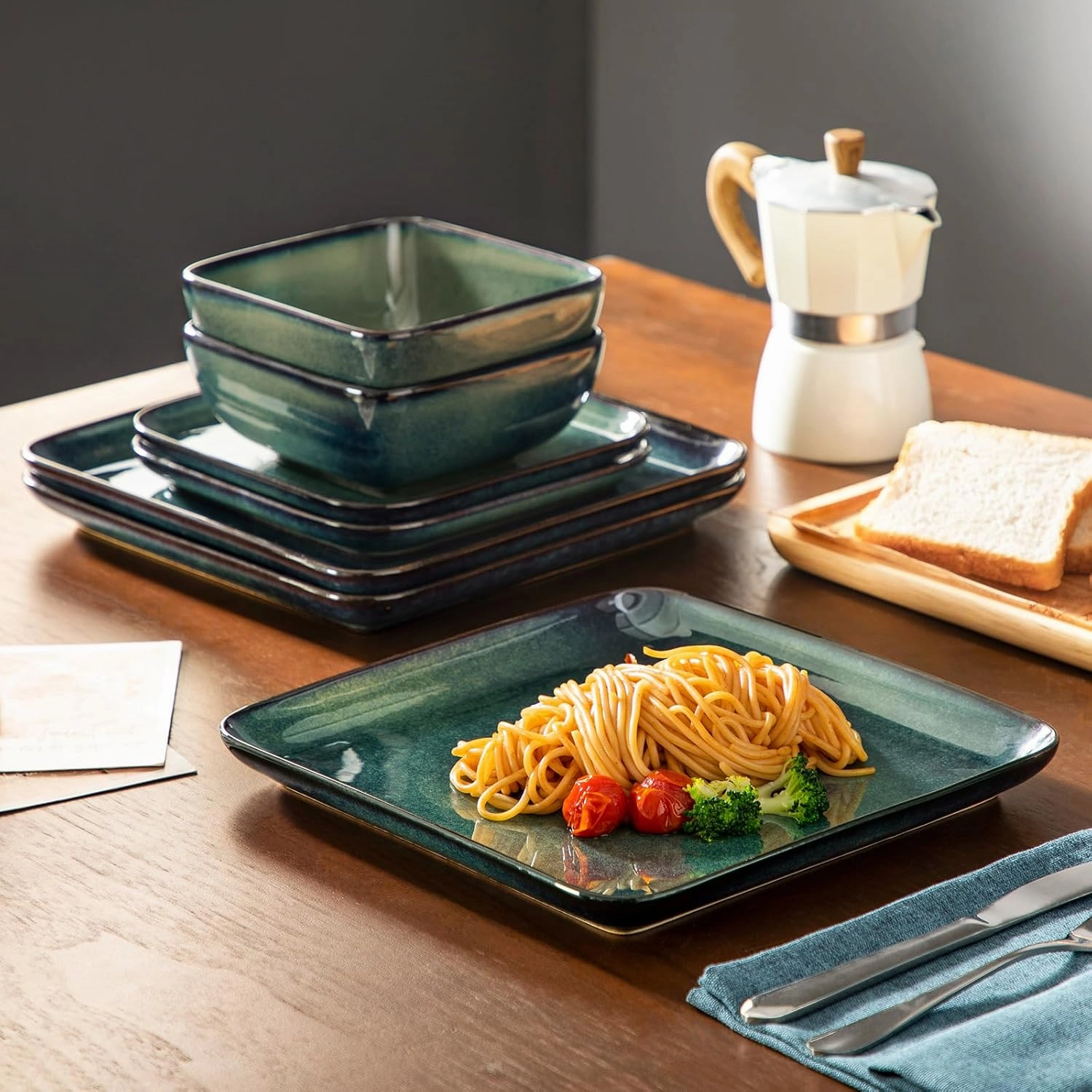 vancasso Stern Green Dinner Set Square Reactive Glaze Tableware 12 Pieces Kitchen Dinnerware Stoneware Crockery Set with Dinner Plate, Dessert Plate, Bowl Service for 4