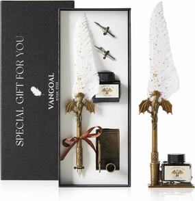 VANGOAL Dragon Quill Pen Set, Vintage Dragon Feather Dip Pen with Novelty Base, Retro Carving Calligraphy Pen Gift Set for Writing, Drawing, Desktop Decoration (White)
