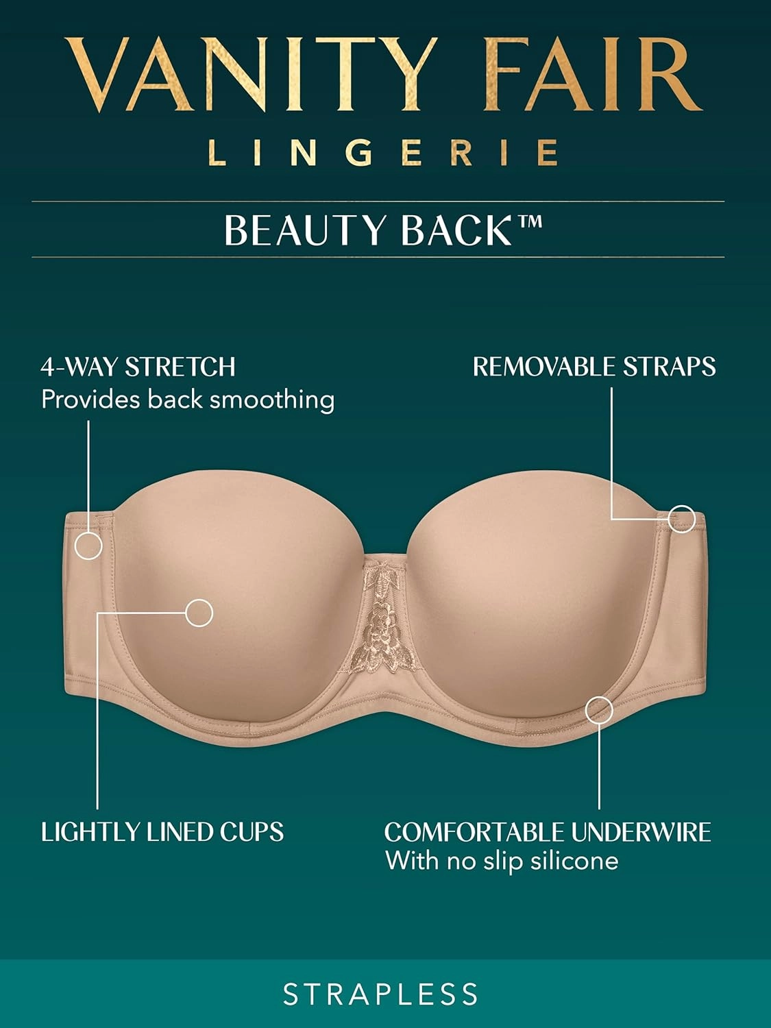 Vanity Fair Women's Beauty Back Smoothing Strapless Bra, 4-Way Stretch Fabric, Lightly Lined Cups Up to H