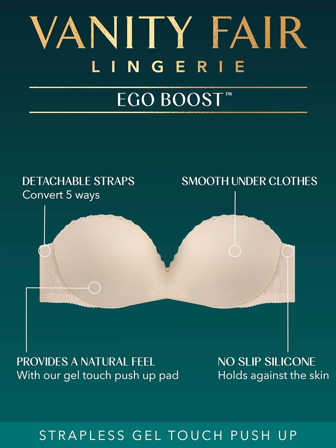 Vanity Fair Women's Gel Touch Padded Strapless Push Up Bra (32A - 38D)