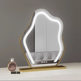 Vanity Mirror with LED Lights, 360° Rotation Tabletop Makeup Mirror with Touch Control, 3 Light Modes and Adjustable Brightness, Hollywood Cloud Shape Mirror, Tabletop Mirror with Magnification, Gold