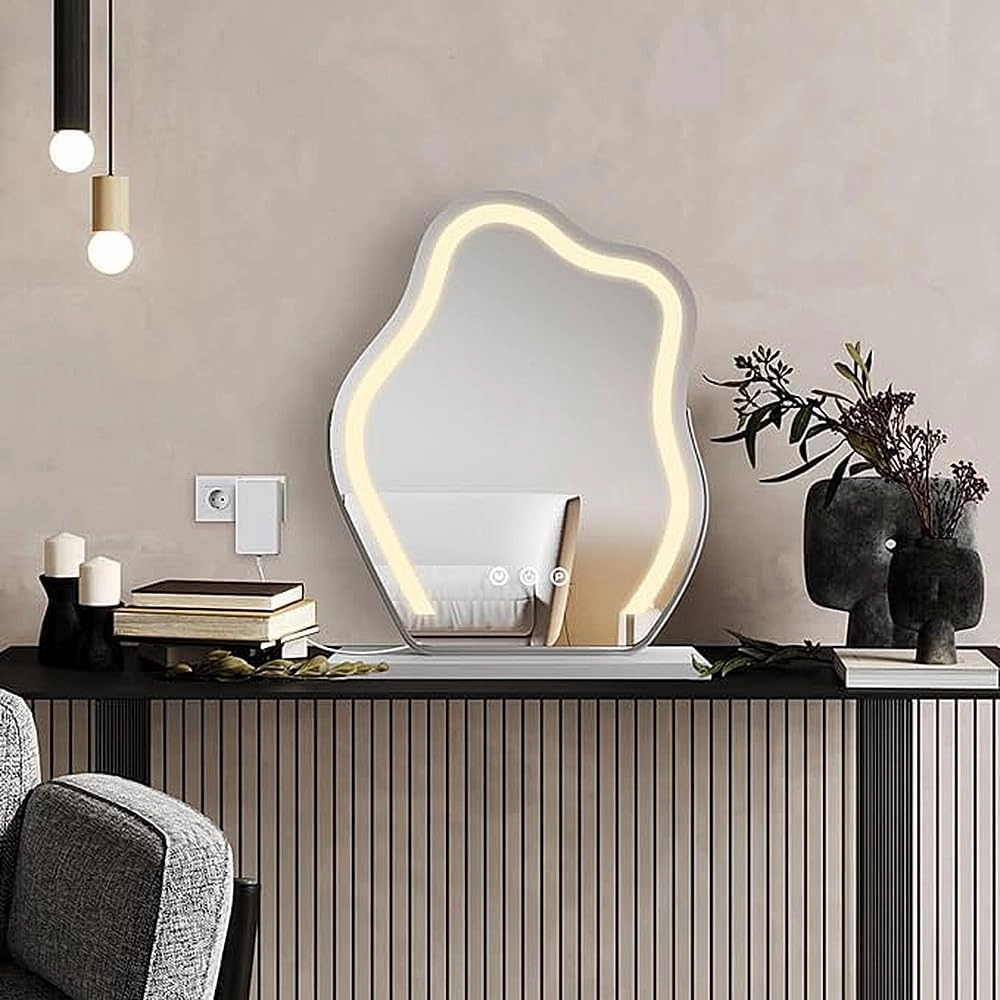 Vanity Mirror with LED Lights, 360° Rotation Tabletop Makeup Mirror with Touch Control, 3 Light Modes and Adjustable Brightness, Hollywood Cloud Shape Mirror, Tabletop Mirror with Magnification, Gold