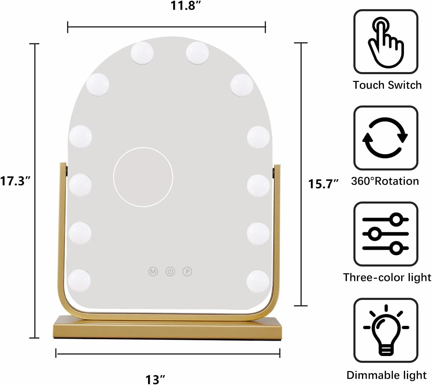 Vanity Mirror with Lights,17.3"×13" Lighted Makeup Mirror with 12 Dimmable LED Bulbs,10X Magnification Smart Touch Control Hollywood Mirror with Lights,3 Colors Dimmable,360° Rotation (Gold)