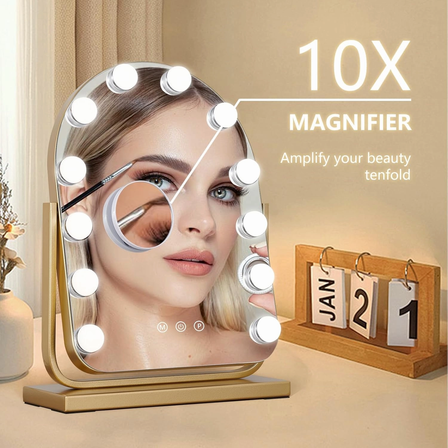 Vanity Mirror with Lights,17.3"×13" Lighted Makeup Mirror with 12 Dimmable LED Bulbs,10X Magnification Smart Touch Control Hollywood Mirror with Lights,3 Colors Dimmable,360° Rotation (Gold)