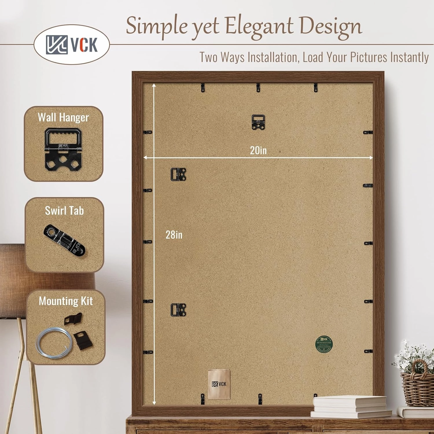 VCK 20x28 Picture Frame 3 Pack, Brown Wood Poster Frame with Exclusive Wood Grain, Wall Mounting Hanging