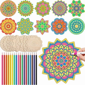 Vercraft 28 Pcs Wooden Mandala Painting Set 10 Unfinished Wood Cutouts with 18 Colored Pencil for Making Kit Mandala Crafts for Painting DIY Crafts Home Decors(Floral Style)