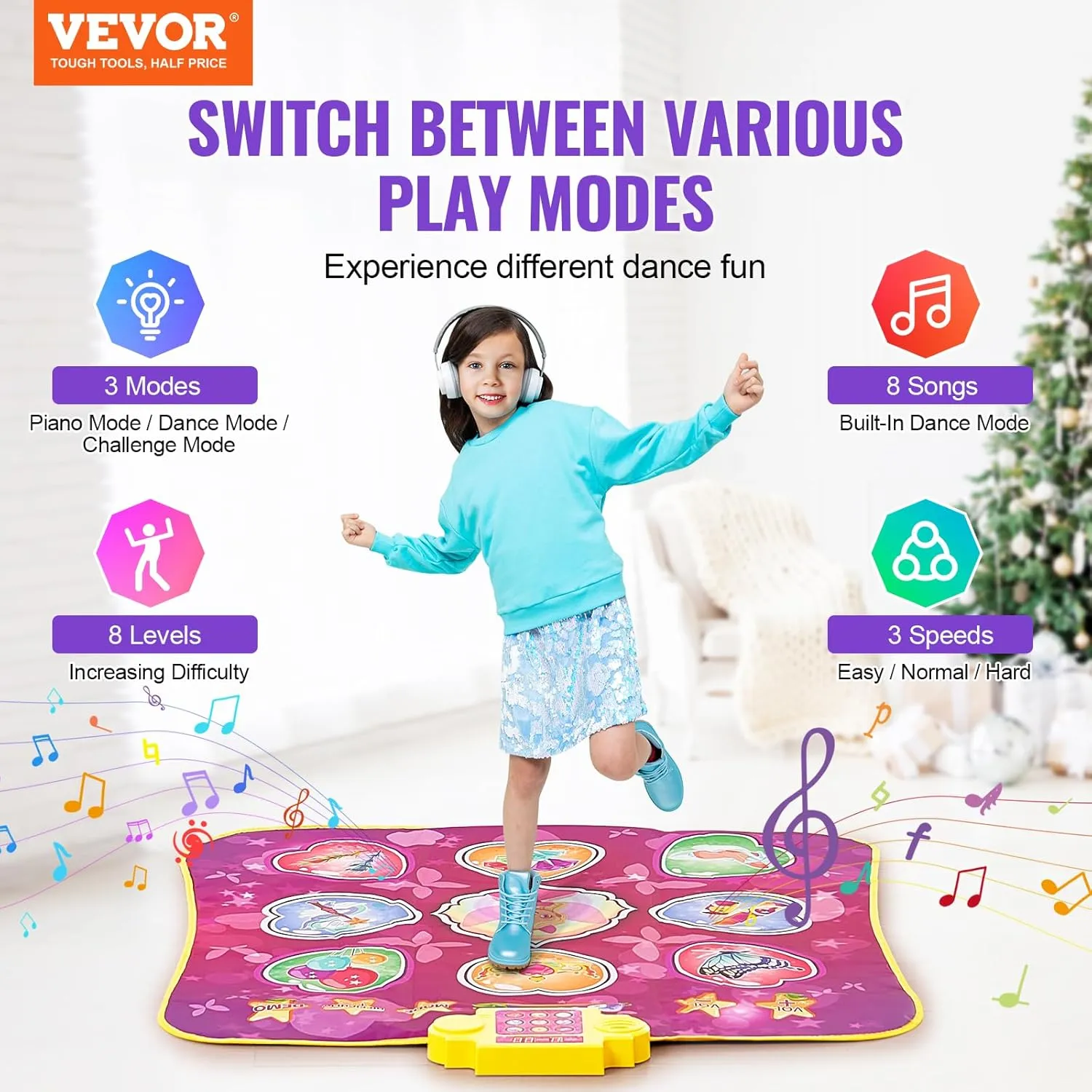 VEVOR Dance Mat, 9-Button Rhythm Step Play Mat, Electronic Dance Pad with 3 Game Modes, Adjustable Volume, Built-in Music, 8 Challenge Levels, Birthday Toys Gifts for 3  Year Old Girls