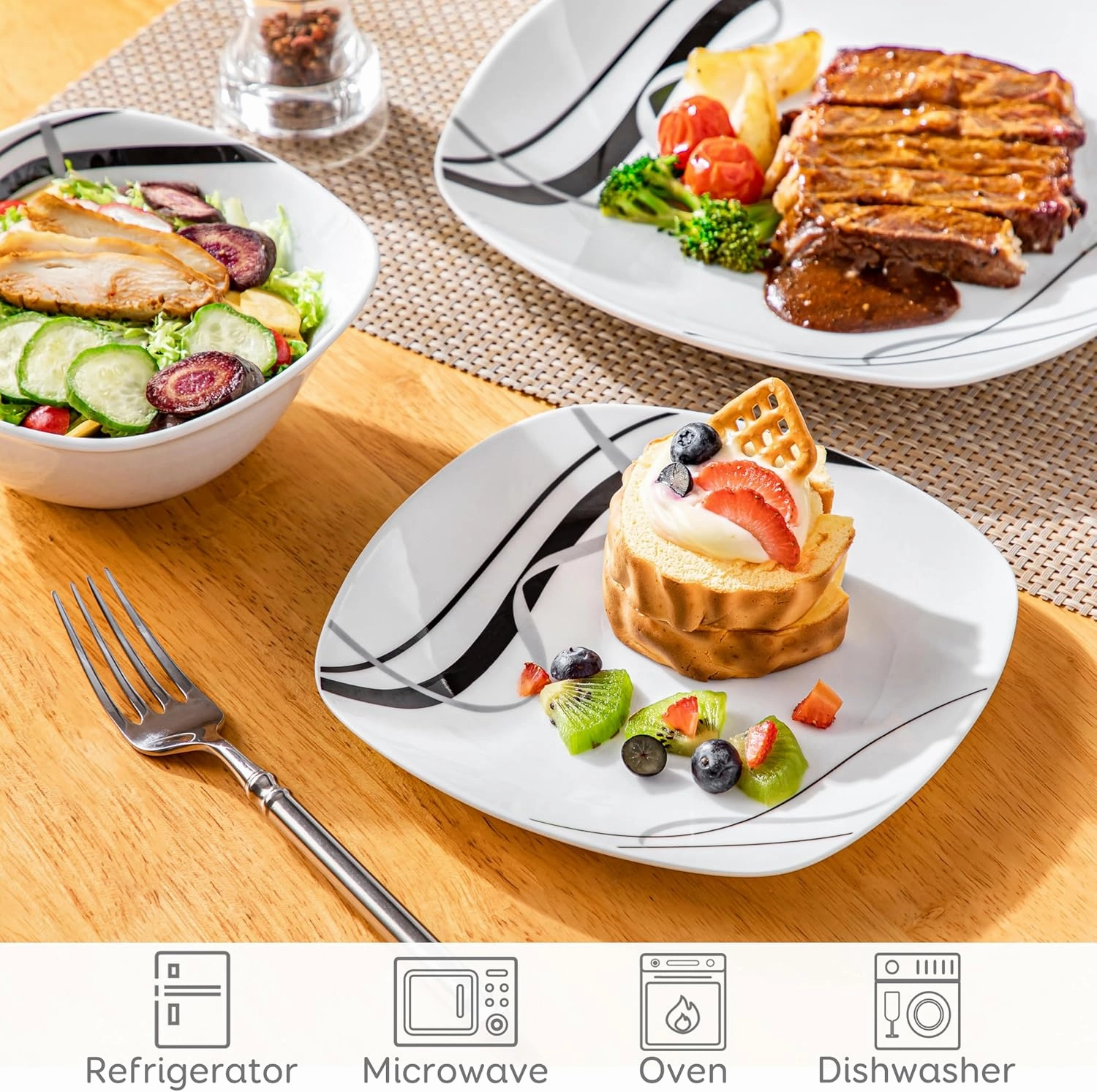 VEWEET Porcelain Dinnerware Set, 12 PCS Including Dinner Plates, Dessert Plates and Cereal Bowls, Series Fiona