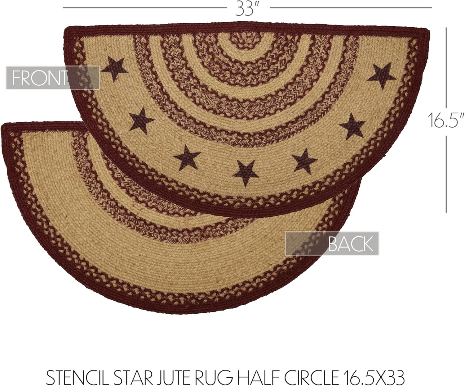 VHC Brands Burgundy Tan Jute Rug Half Circle Stencil Stars w/Pad 16.5x33
