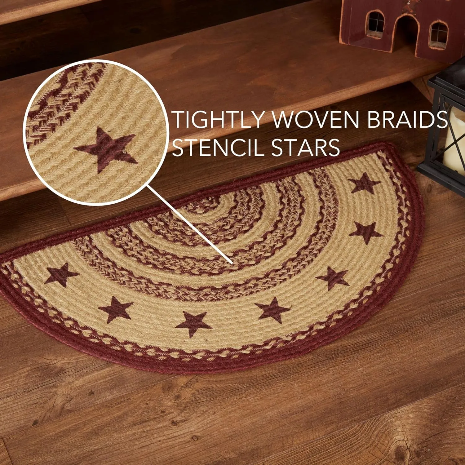 VHC Brands Burgundy Tan Jute Rug Half Circle Stencil Stars w/Pad 16.5x33
