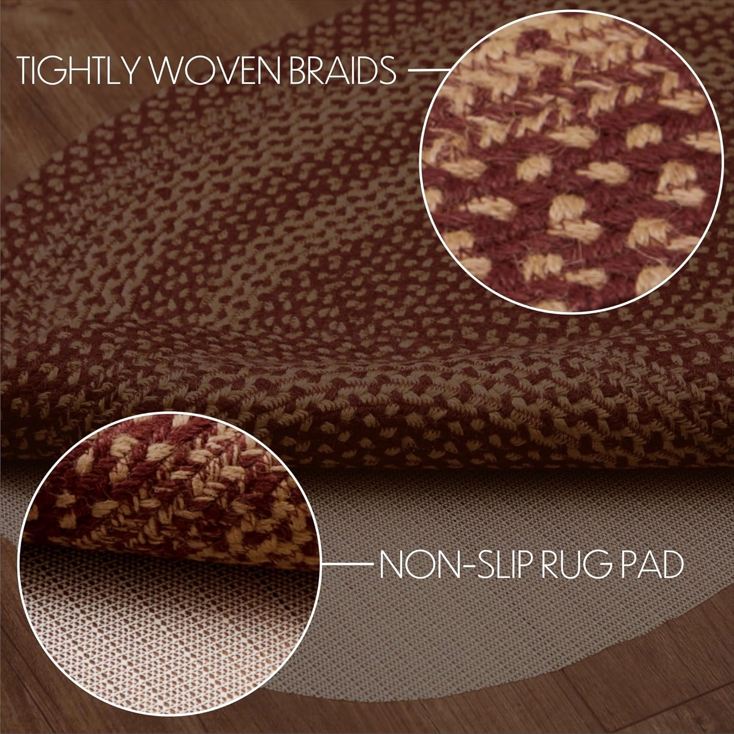 VHC Brands Burgundy Tan Jute Rug Oval w/Pad 27x48