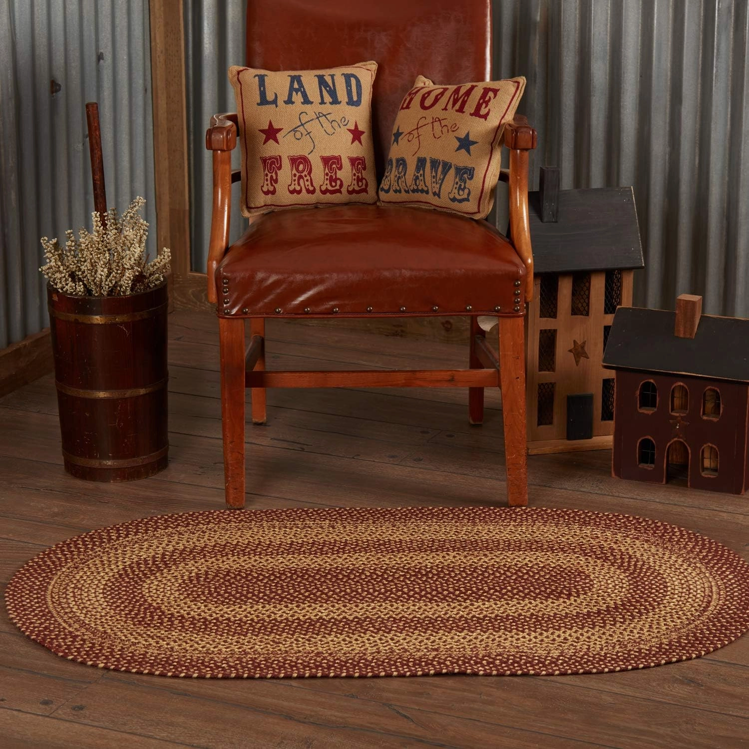 VHC Brands Burgundy Tan Jute Rug Oval w/Pad 27x48