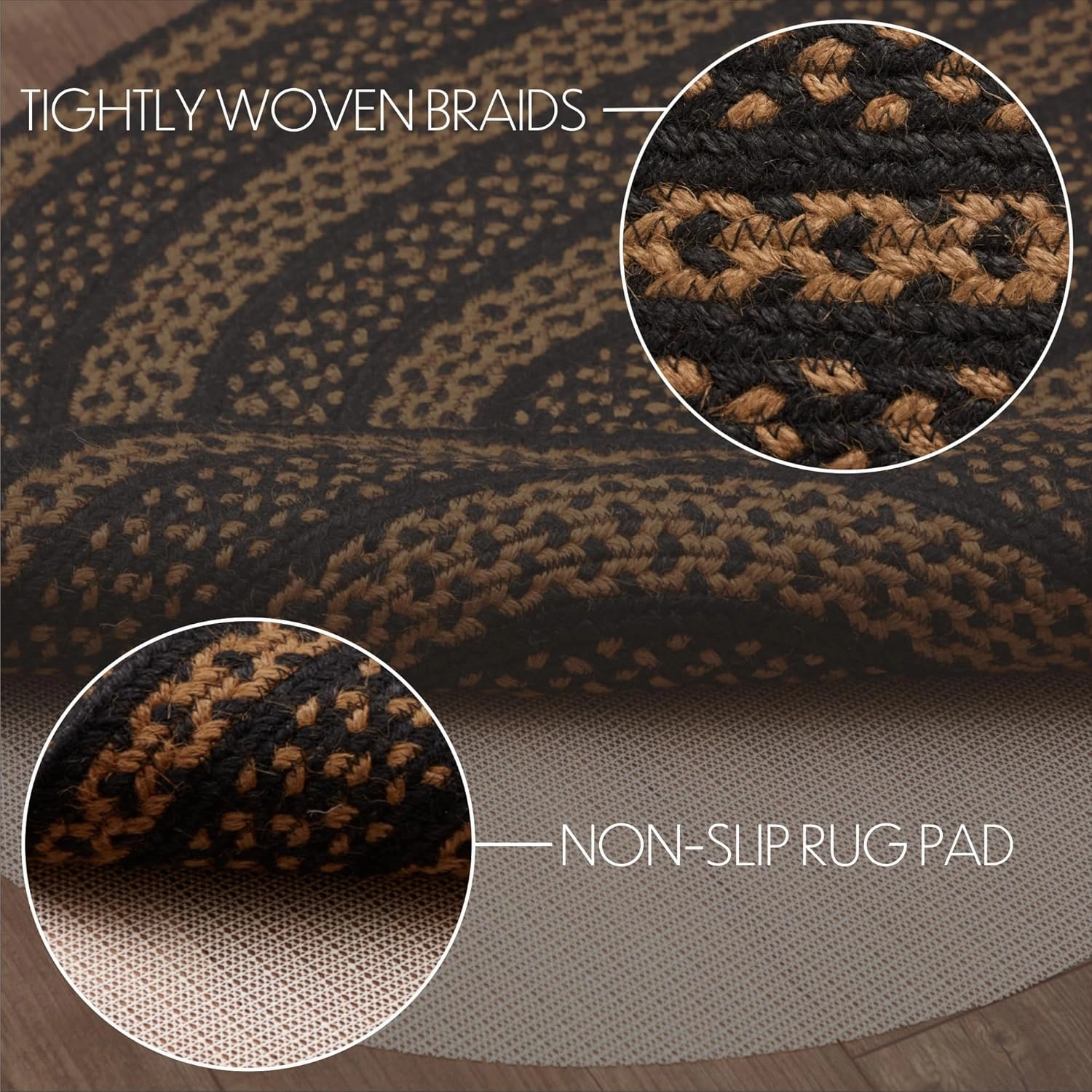 VHC Brands Farmhouse Primitive Jute Black Striped Accent Rug Oval w/Floor Pad 27"x48"
