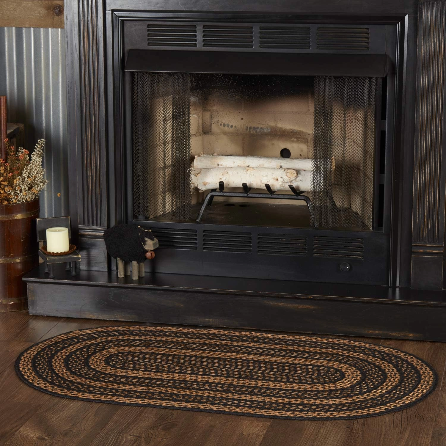 VHC Brands Farmhouse Primitive Jute Black Striped Accent Rug Oval w/Floor Pad 27"x48"