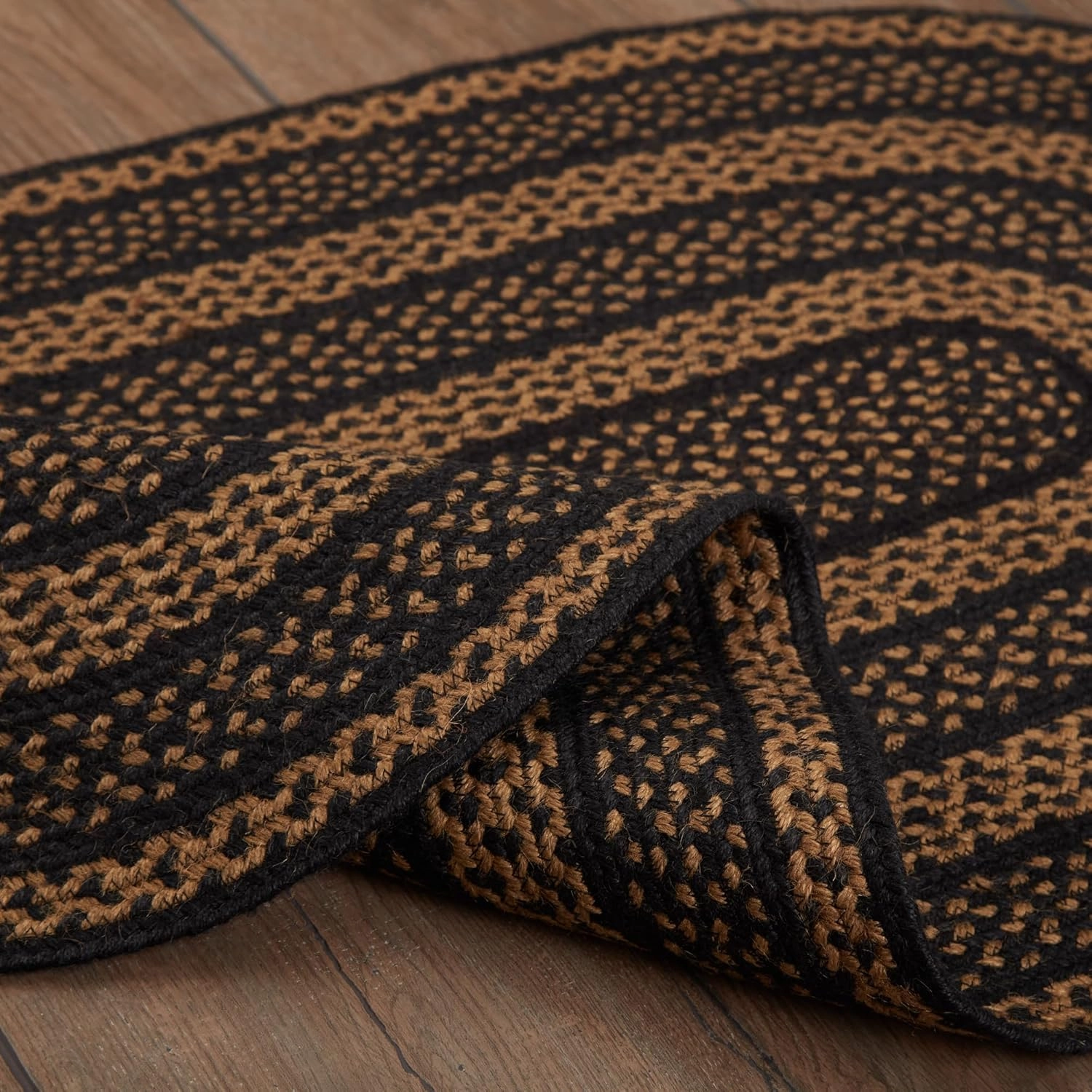 VHC Brands Farmhouse Primitive Jute Black Striped Accent Rug Oval w/Floor Pad 27"x48"