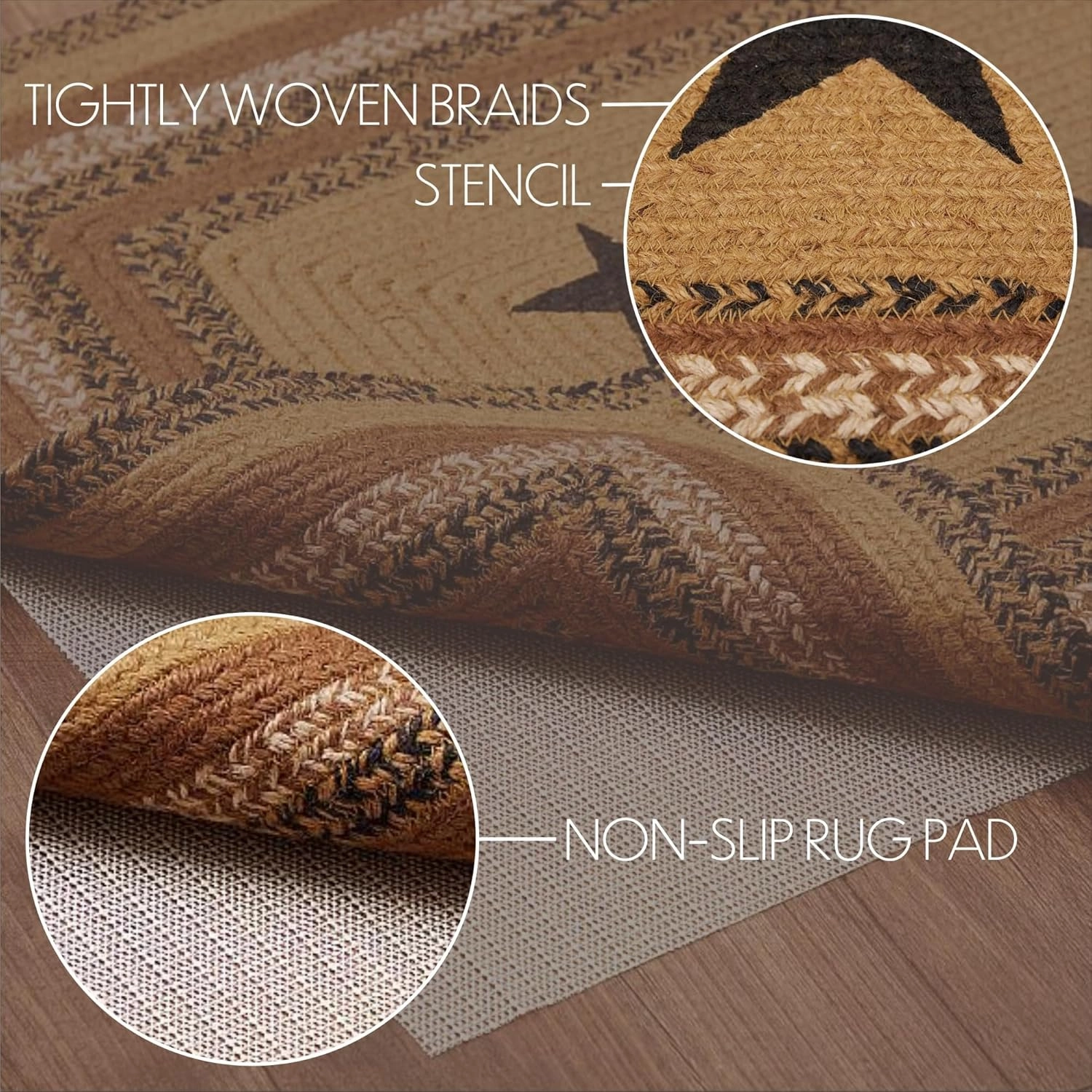 VHC Brands Kettle Grove Primitive Jute Tan Accent Rug Half Circle Stencil Stars w/Floor Pad 16.5"x33"