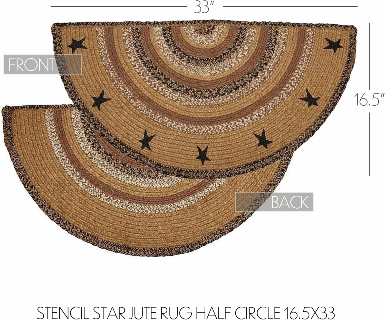 VHC Brands Kettle Grove Primitive Jute Tan Accent Rug Half Circle Stencil Stars w/Floor Pad 16.5"x33"