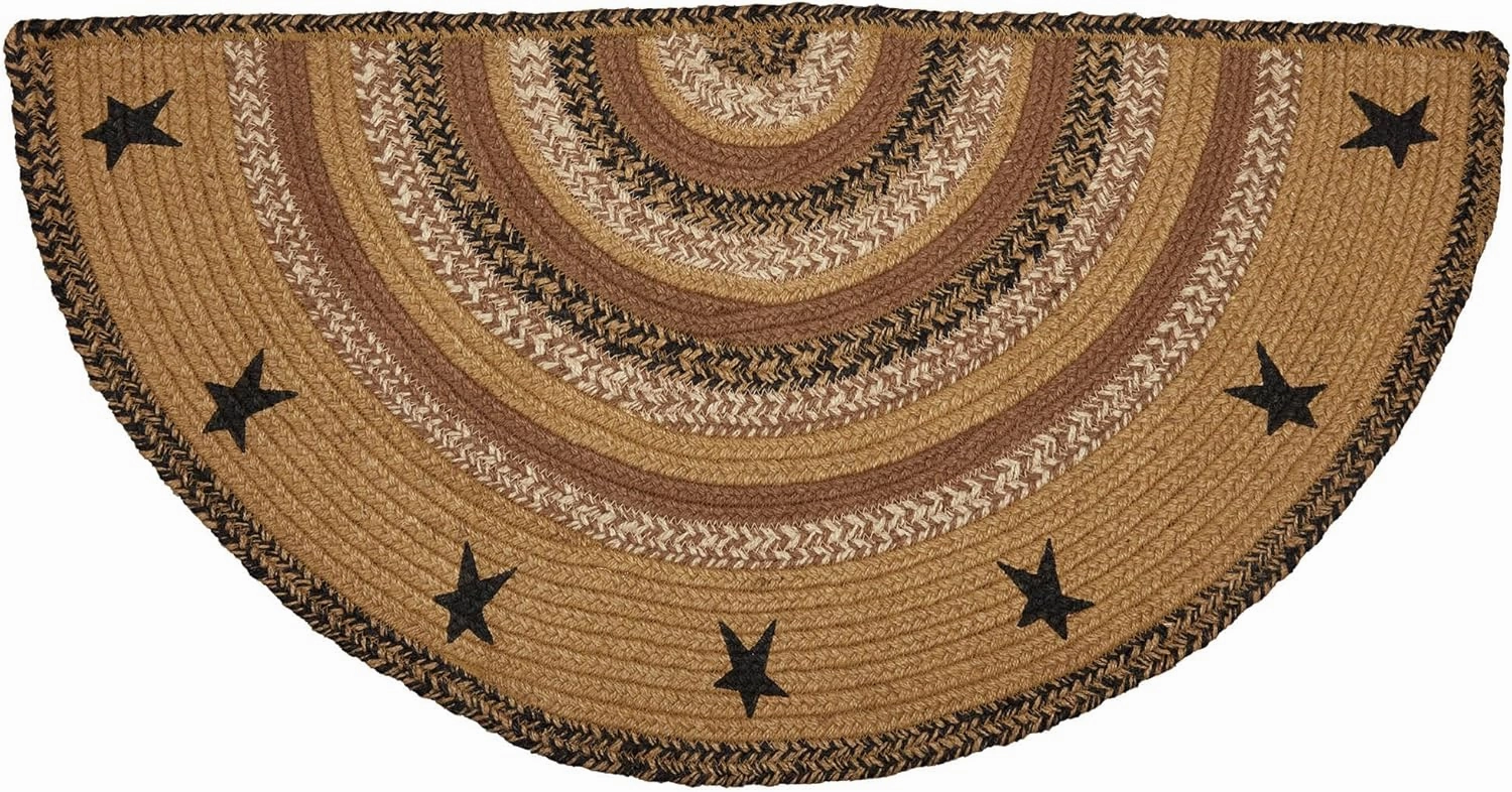 VHC Brands Kettle Grove Primitive Jute Tan Accent Rug Half Circle Stencil Stars w/Floor Pad 16.5"x33"