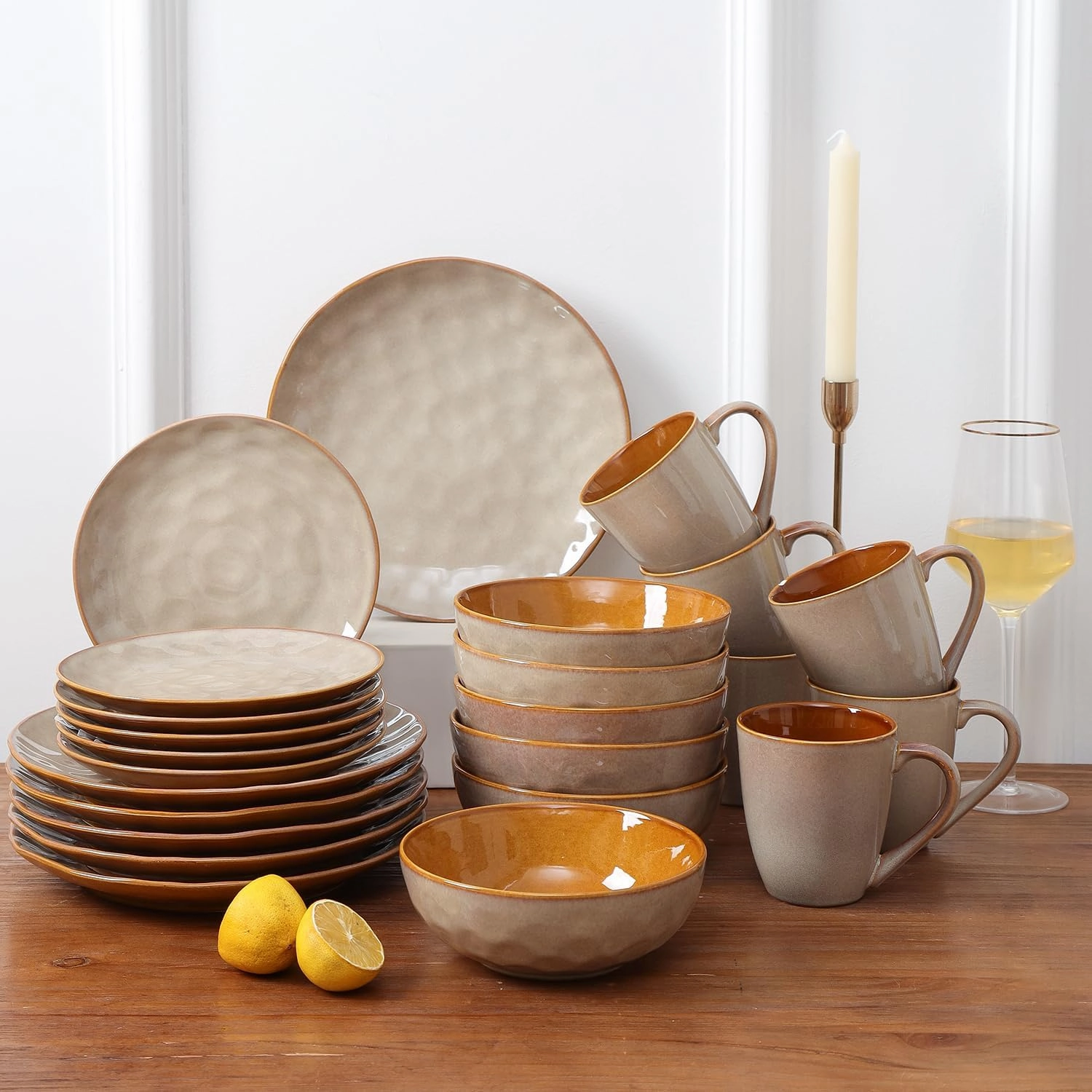 vicrays Ceramic Dinner Plates Set, 10.5 Inch, Set of 6, Round, Microwave, Oven, Dishwasher Safe, Porcelain Fluted Suitable for Steak, Pasta, Pizza, Home, Party, Restaurant (Beige)