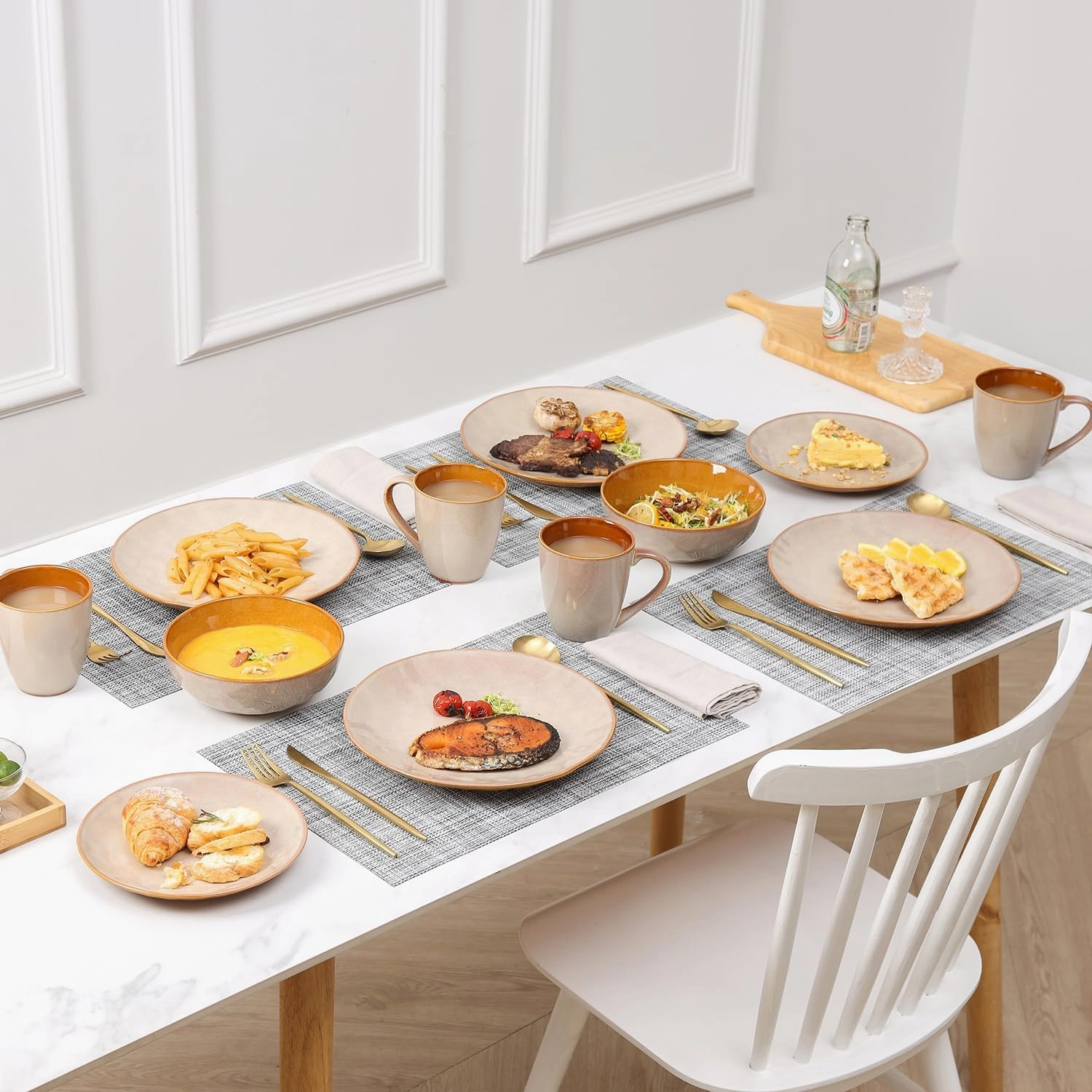 vicrays Ceramic Dinner Plates Set, 10.5 Inch, Set of 6, Round, Microwave, Oven, Dishwasher Safe, Porcelain Fluted Suitable for Steak, Pasta, Pizza, Home, Party, Restaurant (Beige)