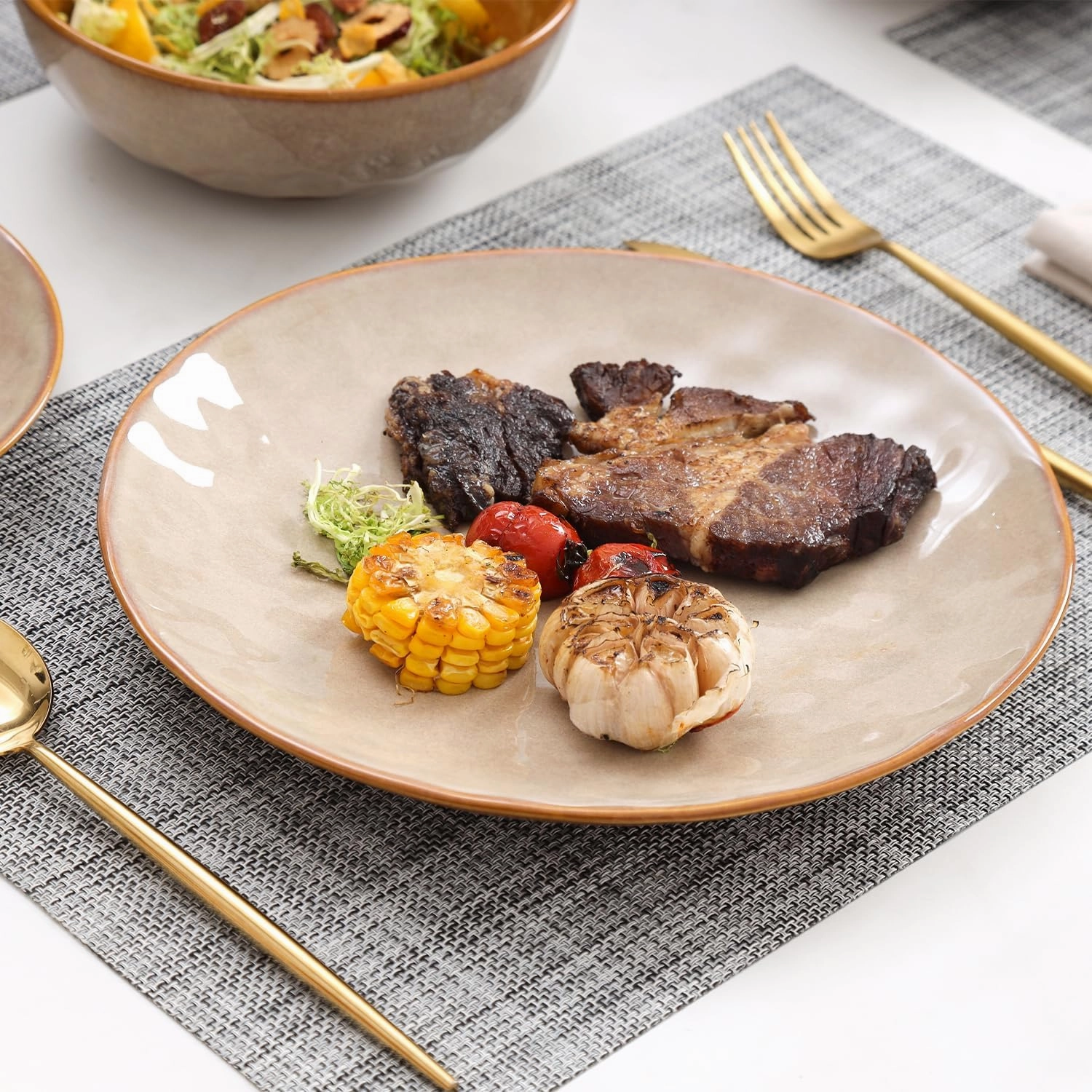 vicrays Ceramic Dinner Plates Set, 10.5 Inch, Set of 6, Round, Microwave, Oven, Dishwasher Safe, Porcelain Fluted Suitable for Steak, Pasta, Pizza, Home, Party, Restaurant (Beige)