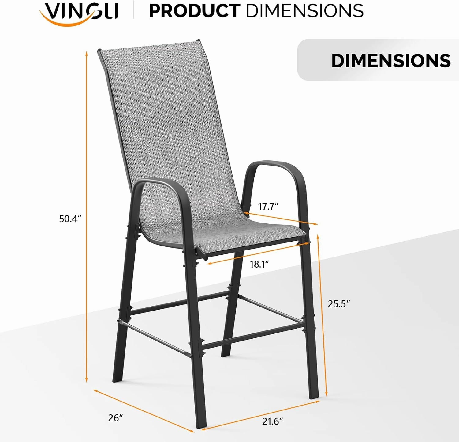 VINGLI Outdoor Bar Chairs Set of 6 – Stackable Outdoor Bar Stools with Sturdy Sling High Back and Armrests for Lawn, Courtyard, Garden, Bar, Silver Gray