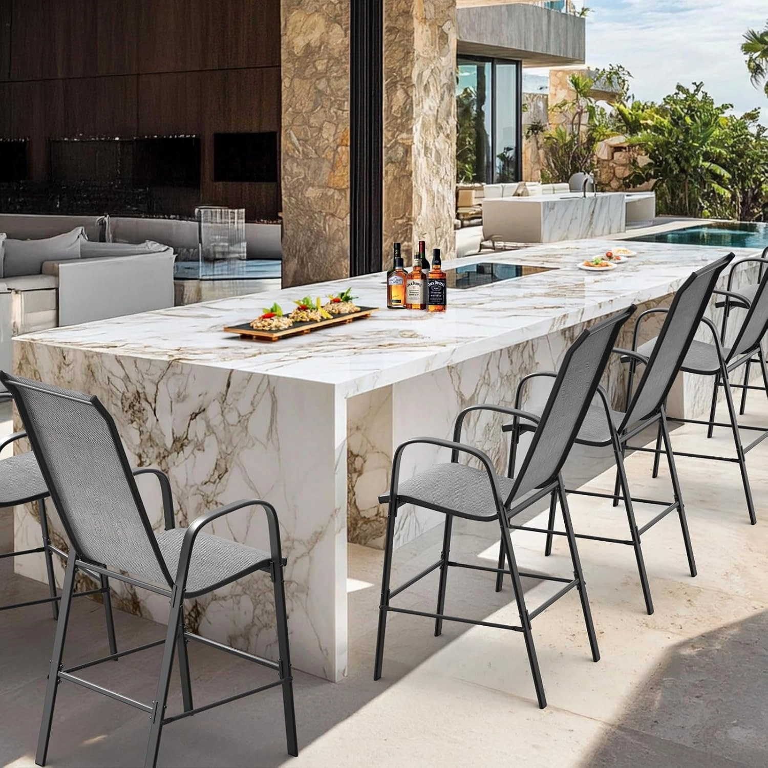 VINGLI Outdoor Bar Chairs Set of 6 – Stackable Outdoor Bar Stools with Sturdy Sling High Back and Armrests for Lawn, Courtyard, Garden, Bar, Silver Gray