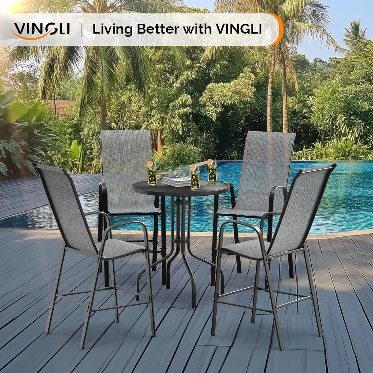 VINGLI Outdoor Bar Chairs Set of 6 – Stackable Outdoor Bar Stools with Sturdy Sling High Back and Armrests for Lawn, Courtyard, Garden, Bar, Silver Gray