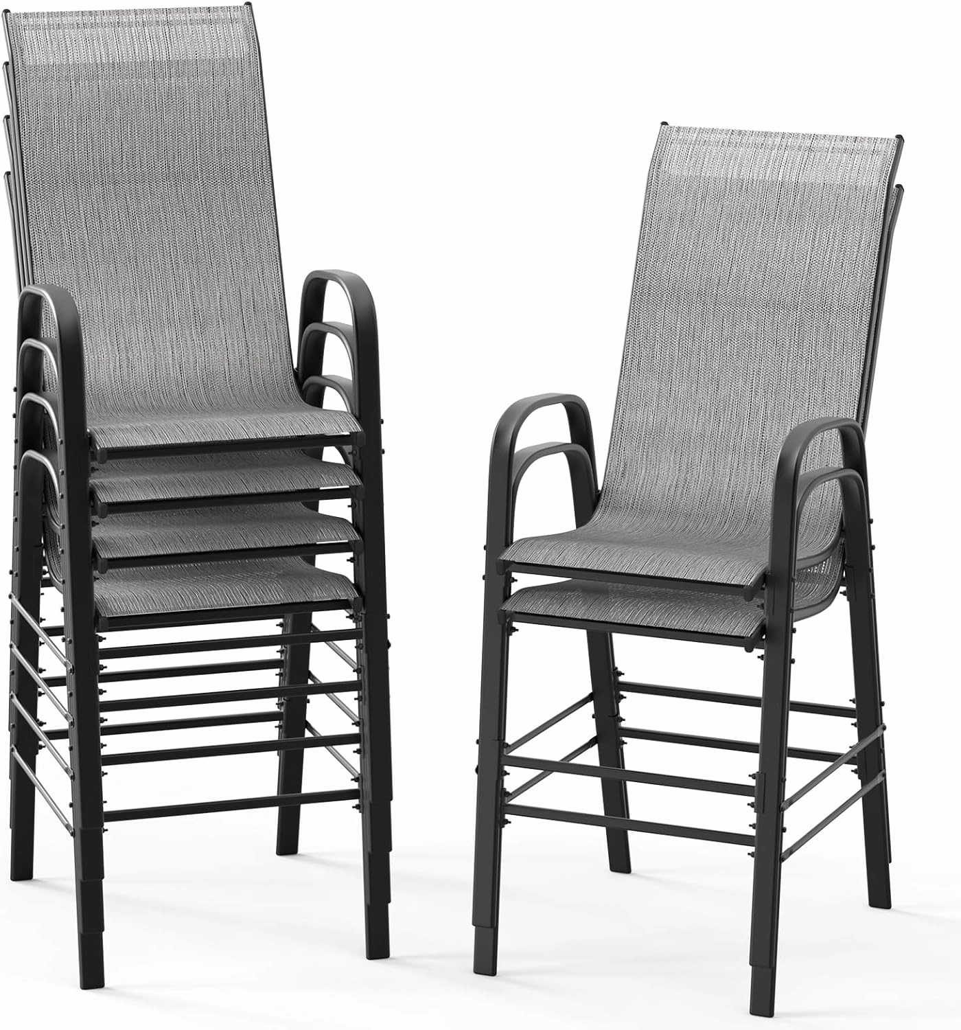 VINGLI Outdoor Bar Chairs Set of 6 – Stackable Outdoor Bar Stools with Sturdy Sling High Back and Armrests for Lawn, Courtyard, Garden, Bar, Silver Gray